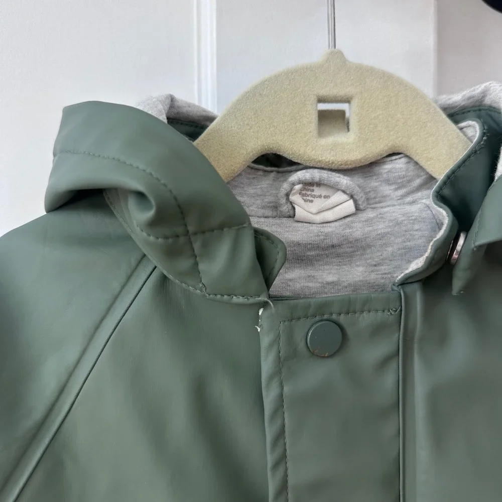 HM Kids Olive Green Hooded Rain Jacket Size 1.5-2Y Fall Sage Coat